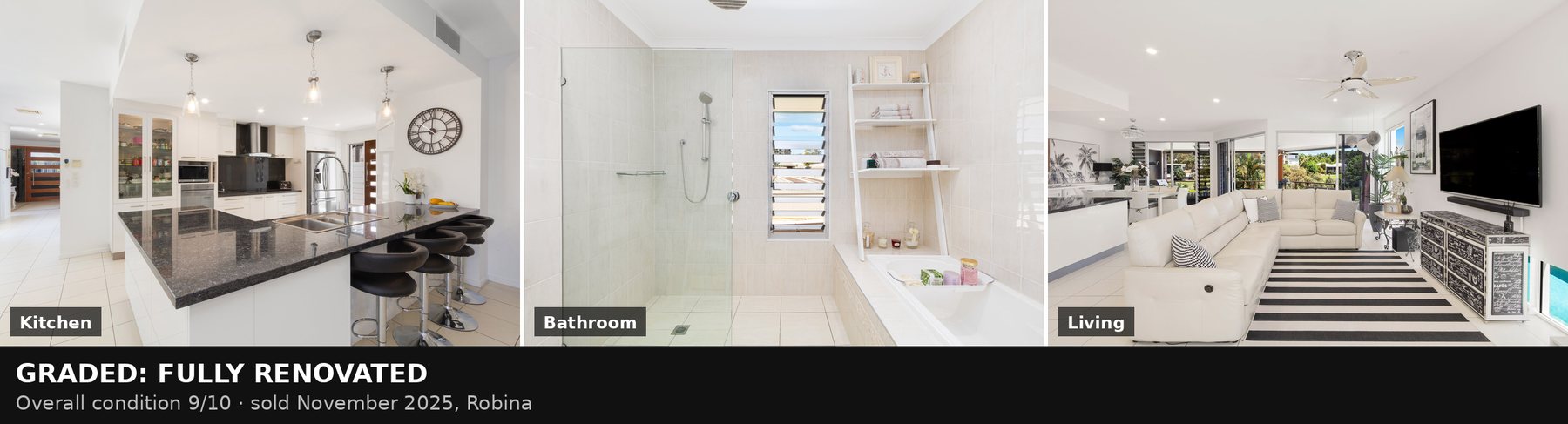 Three rooms of a fully renovated Robina home: stone-island kitchen, frameless-glass bathroom, modern open living