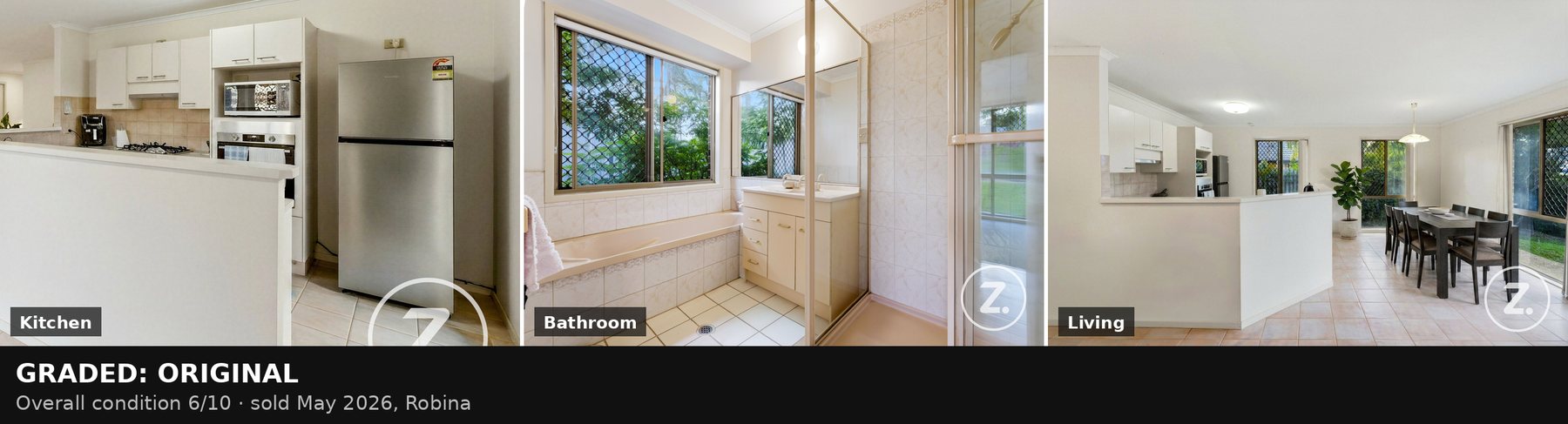 Three rooms of an original-condition Robina home: as-built kitchen, bathroom and living area