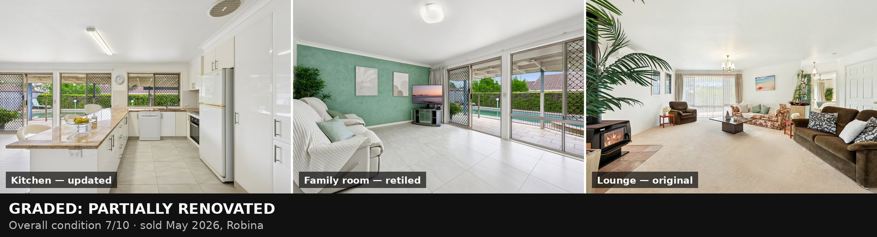 Three rooms of a partially renovated Robina home: updated kitchen, retiled family room, original carpeted lounge