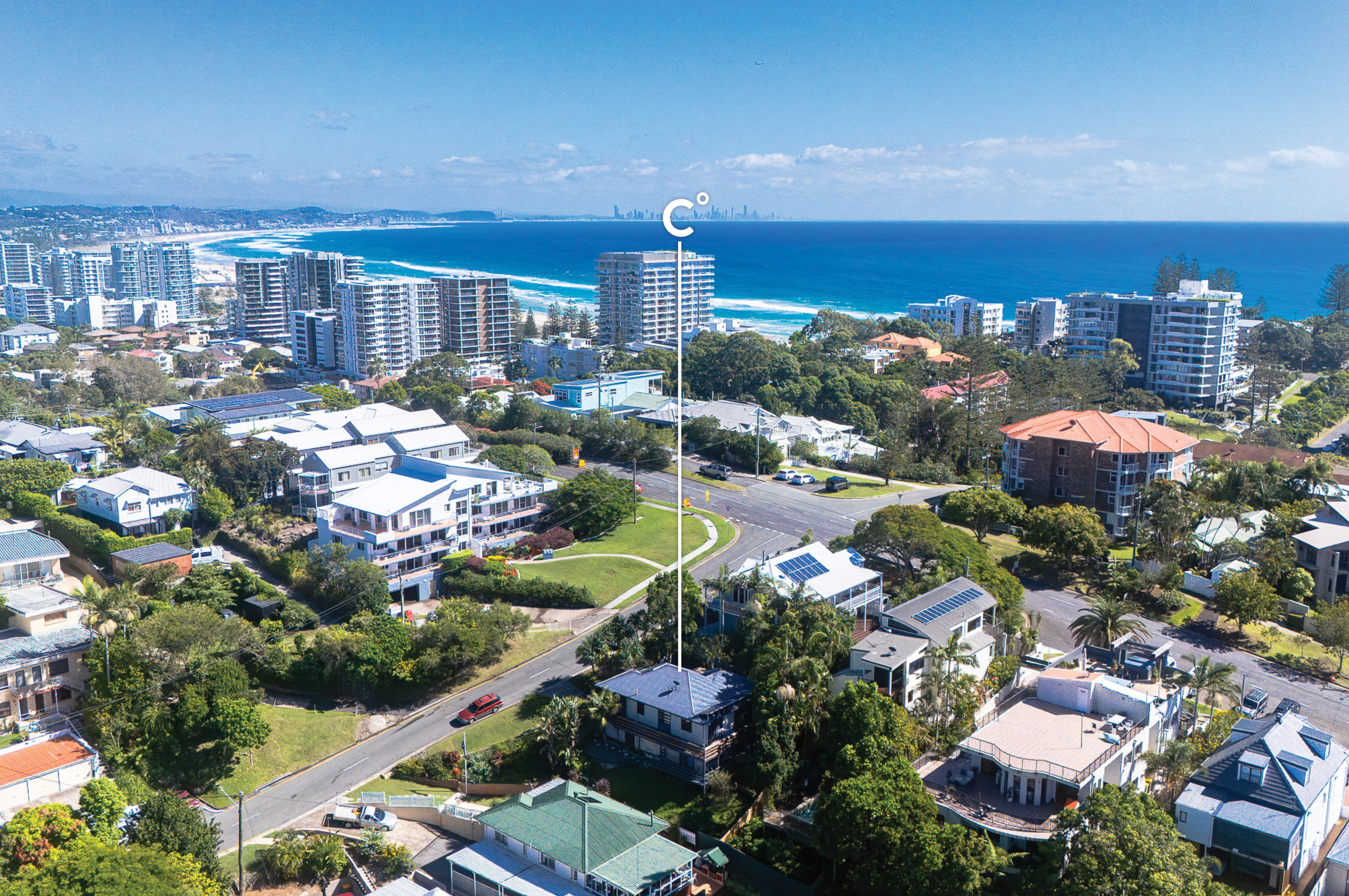 Aerial view from above Coolangatta showing the position of 54 Garrick Street relative to the ocean
